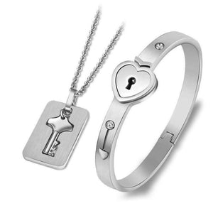 Black Stainless Steel Heart and Key Bracelet Choker Set