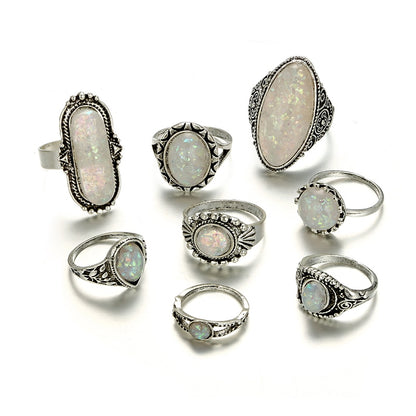Vintage Antique Silver Color with Colorful Opal Ring Set