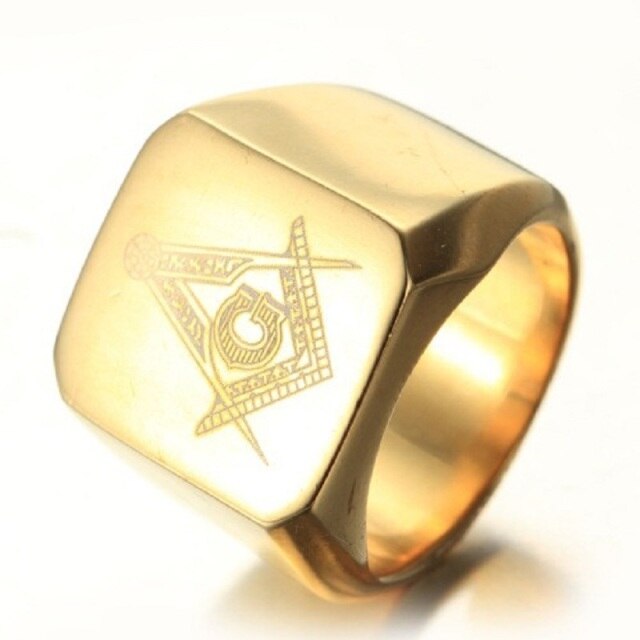 Golden and Black Men's Rings Jewelry Freemasonry Free Mason Ring Masonic Ring Stainless Steel Finger Ring Size 7 to 14