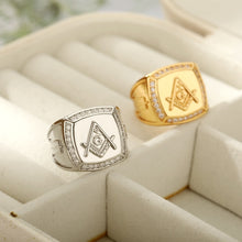 Load image into Gallery viewer, New Arrival Bling CZ Crystal Men Rings With Freemason Masonic Free Mason Signet 316L Stainless Steel Gold Color Jewelry For Men