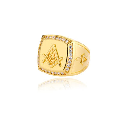 New Arrival Bling CZ Crystal Men Rings With Freemason Masonic Free Mason Signet 316L Stainless Steel Gold Color Jewelry For Men