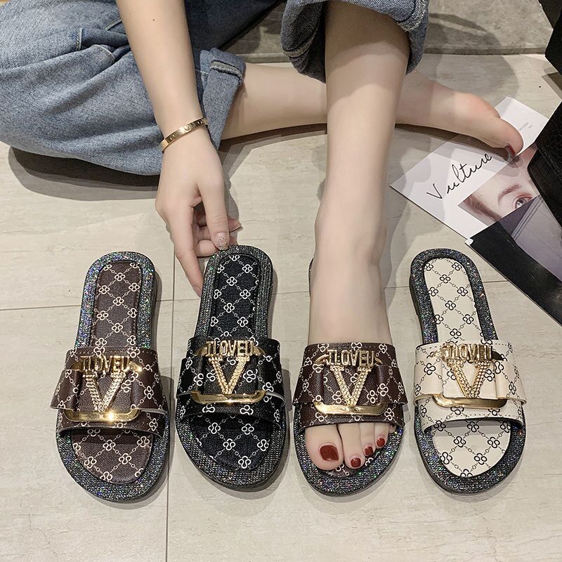 Open Toe Sandals with LV for Love and words "I love you" in gold.