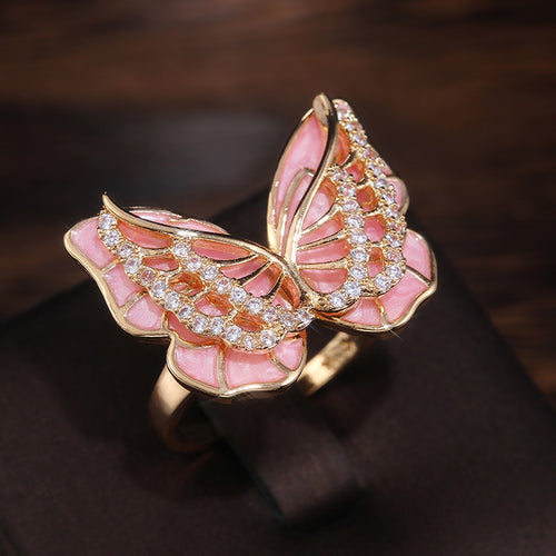 Elegant White and Pink Enamel Butterfly Rings