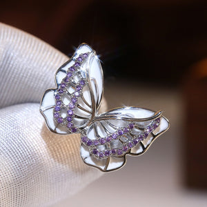 Elegant White and Pink Enamel Butterfly Rings