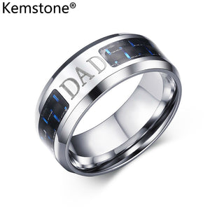 Kemstone Fashion 8MM Stainless Steel Laser Dad/Fish/Lucky Tree/Masonic Blue Black Carbon Fiber Men Ring Jewelry Gift