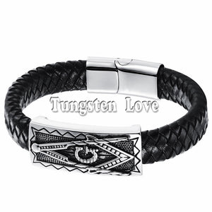 Freemasonry Black PU Leather Bracelet Cuff Braided Bracelet 8.3 inch