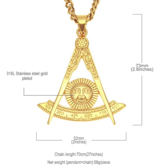 Stainless Steel Gold Past Master Pendant Necklace With Square Masonic Freemason With 5mm 70cm Cuban Chain