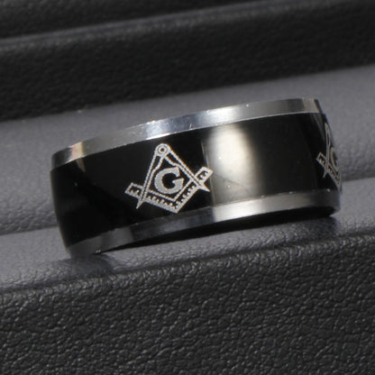 Titanium Steel Masonic Black Ring with Stainless Steel Trim