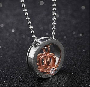 Keep Me in Your Heart King Queen Crown Pendant Necklace Stainless Steel Set